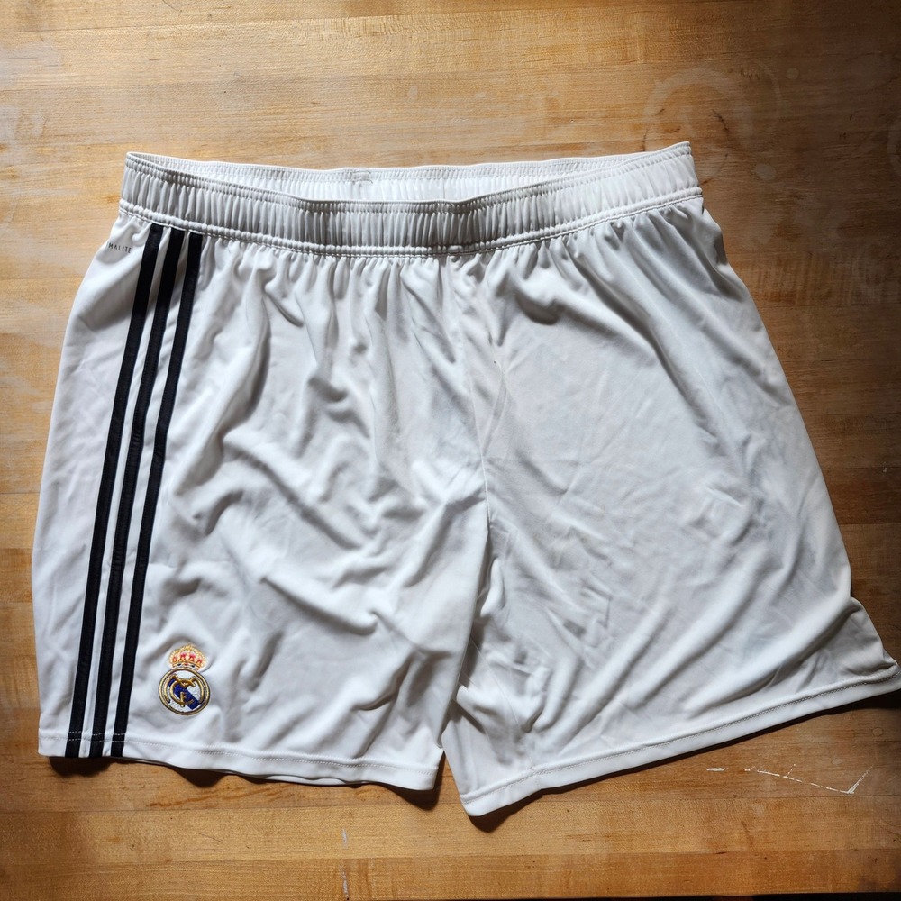 Adidas Real Madrid Soccer Shorts Climalite Mens M L White Black 3 Stripes Kit